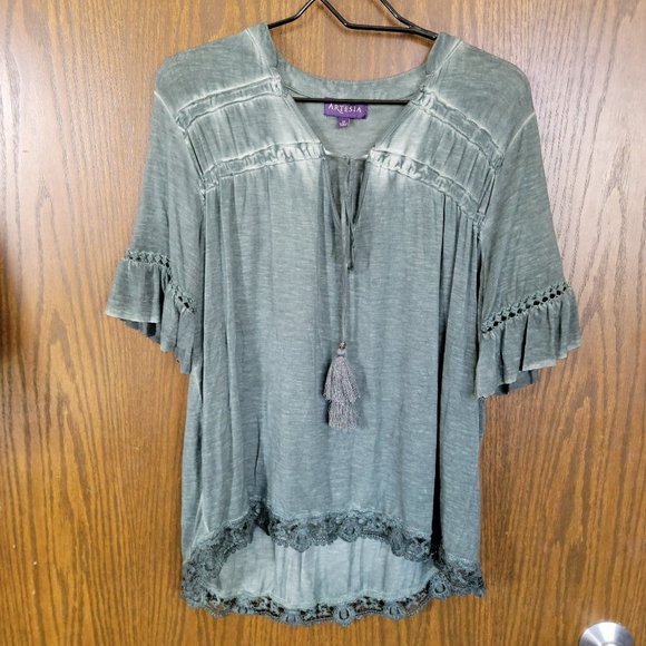 Artesia Forest Green Boho Chic Pullover Top with Tassels Size Medium - Picture 1 of 12